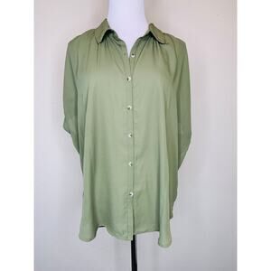 Hem & Thread Army Green Gold Trim Blouse Short Sleeve Sz Large